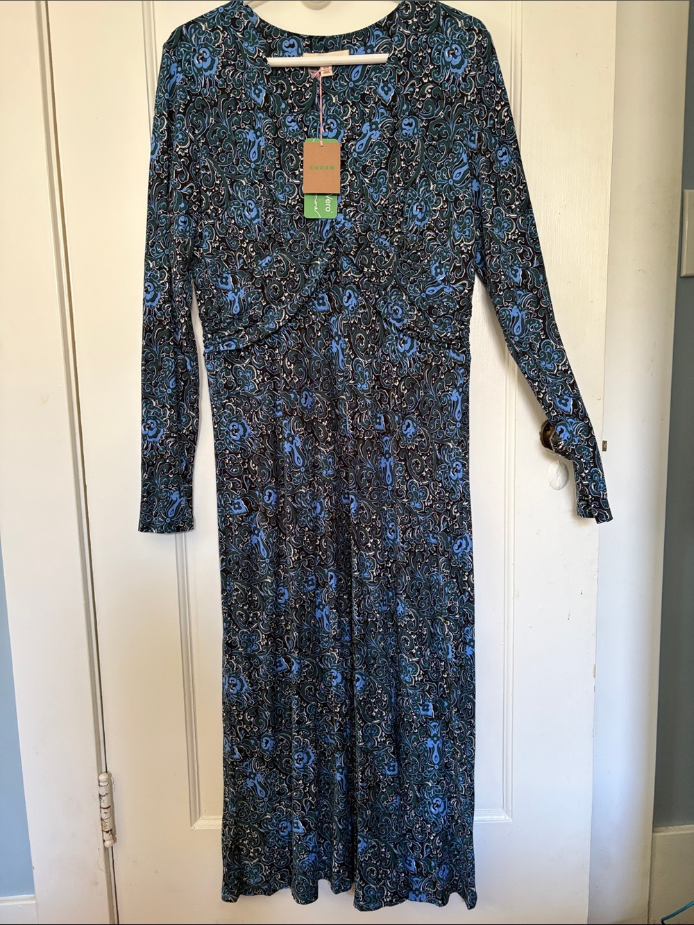 Boden Black and Blue Paisley Long Sleeve Maxi Dress